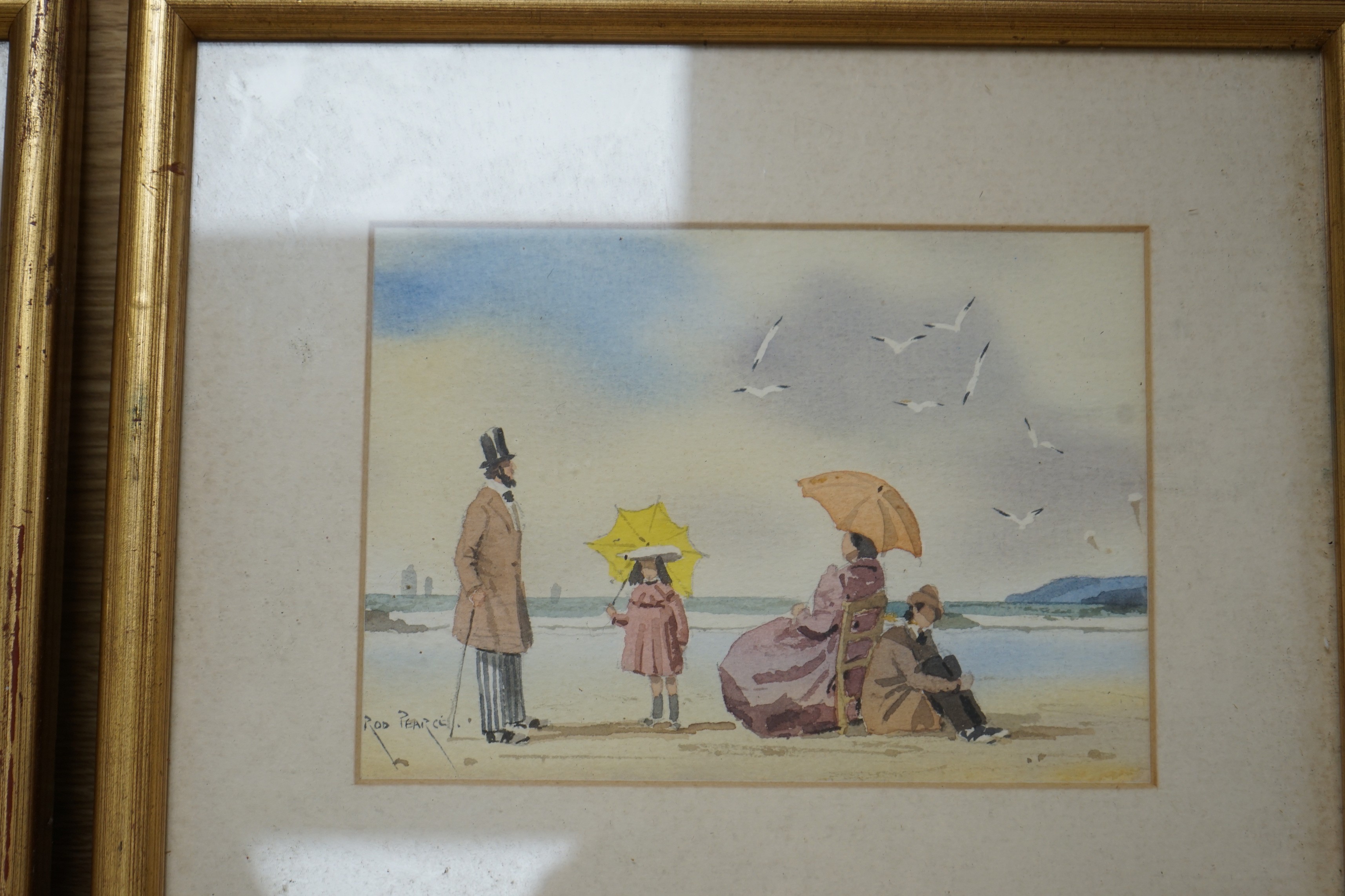 Rod Pearce (b.1942), pair of watercolours, Edwardians on the beach, signed, 13 x 18cm